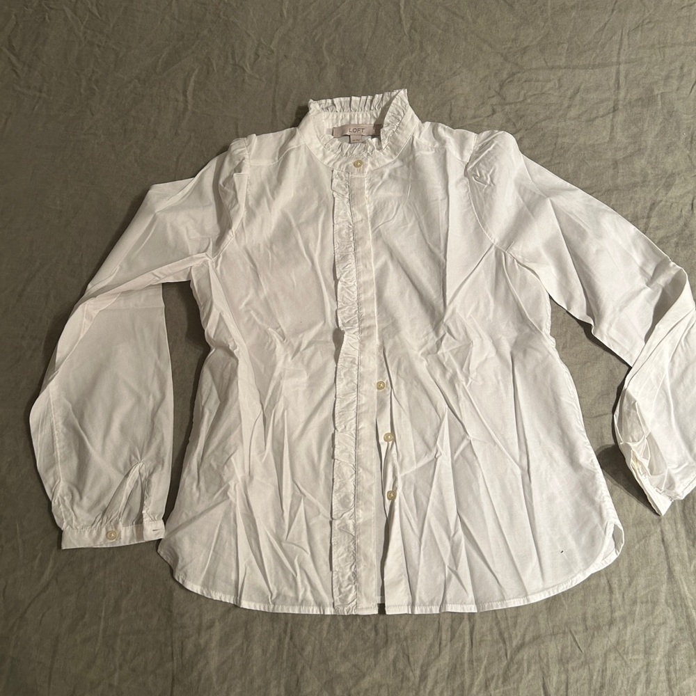 Loft White Ruffled Button-Down Blouse - image 1